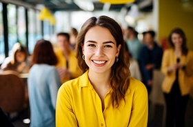 Confident, smiling woman in yellow blouse