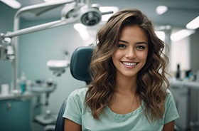 Young woman with beautiful teeth in dental treatment chair