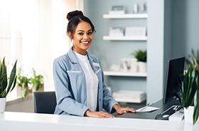 Dental team member standing behind front desk