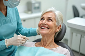 Happy senior woman looking up at her dentist