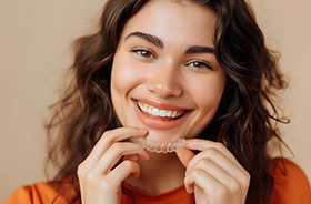 Smiling young woman holding Invisalign aligner close to her mouth
