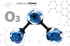 Three-dimensional illustration of ozone molecule against white background