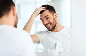 Handsome man with bright smile standing in front of mirror
