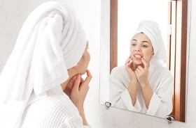 Woman looking at her teeth in bathroom mirror